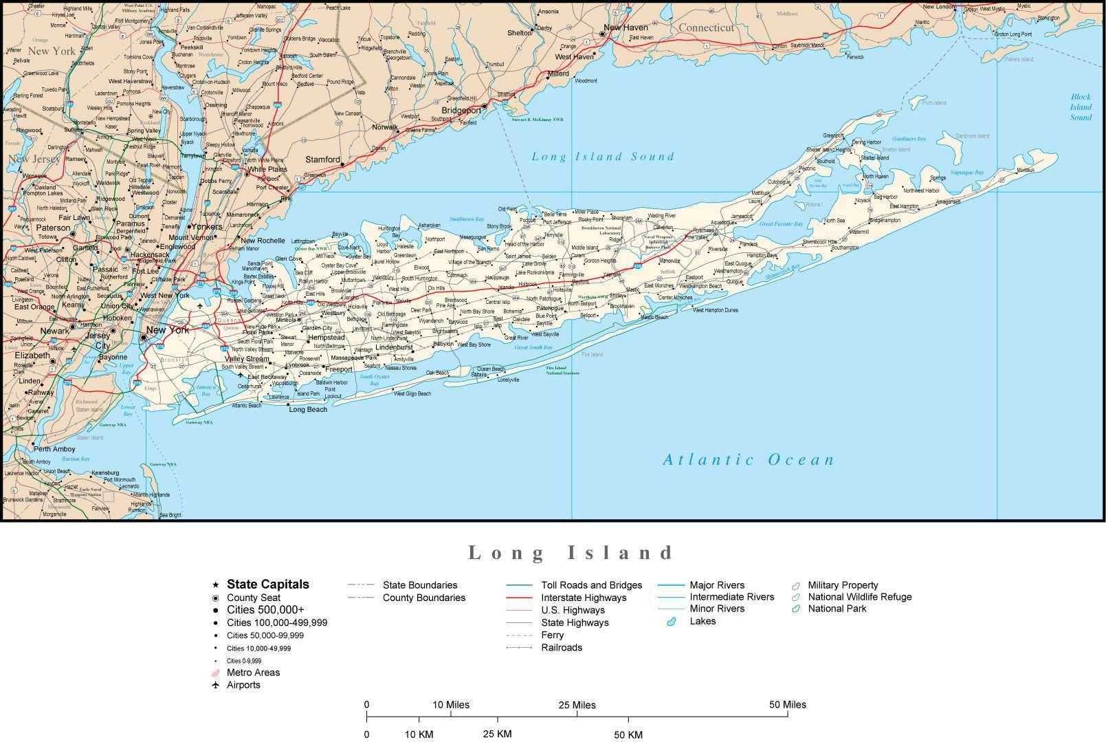 Map of Long Island street streets, roads and highways of Long Island